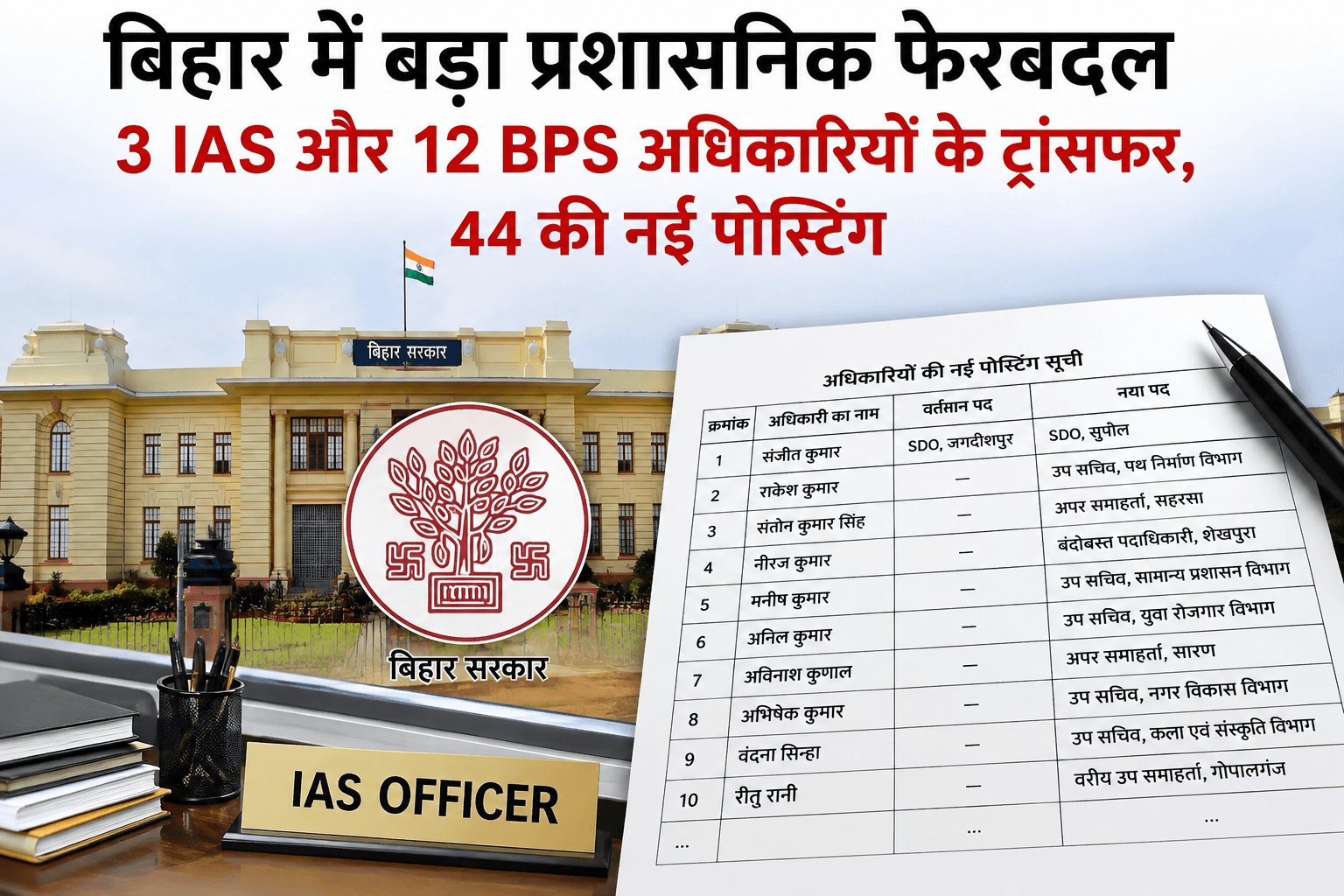 बिहार में अफसरों की बड़ी ‘उलटफेर’! 3 IAS समेत 44 अधिकारियों का ट्रांसफर, भरत तिवारी एनकाउंटर के बाद हटे संजीत कुमार को नई जिम्मेदारी