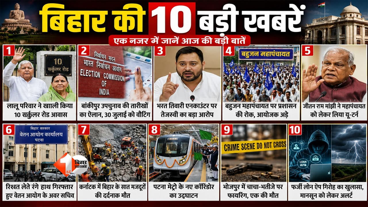 Bihar Top 10 News: वीरान हुआ लालू-राबड़ी आवास, बांकीपुर सीट पर चुनाव का ऐलान औऱ भरत तिवारी एनकाउंटर में उठा बड़ा सवाल