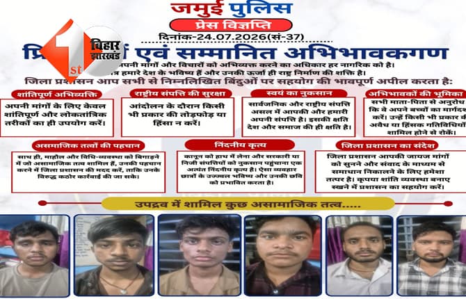 जमुई में हिंसा और तोड़फोड़ मामले में 6 उपद्रवी गिरफ्तार, पुलिस ने जारी की तस्वीरें