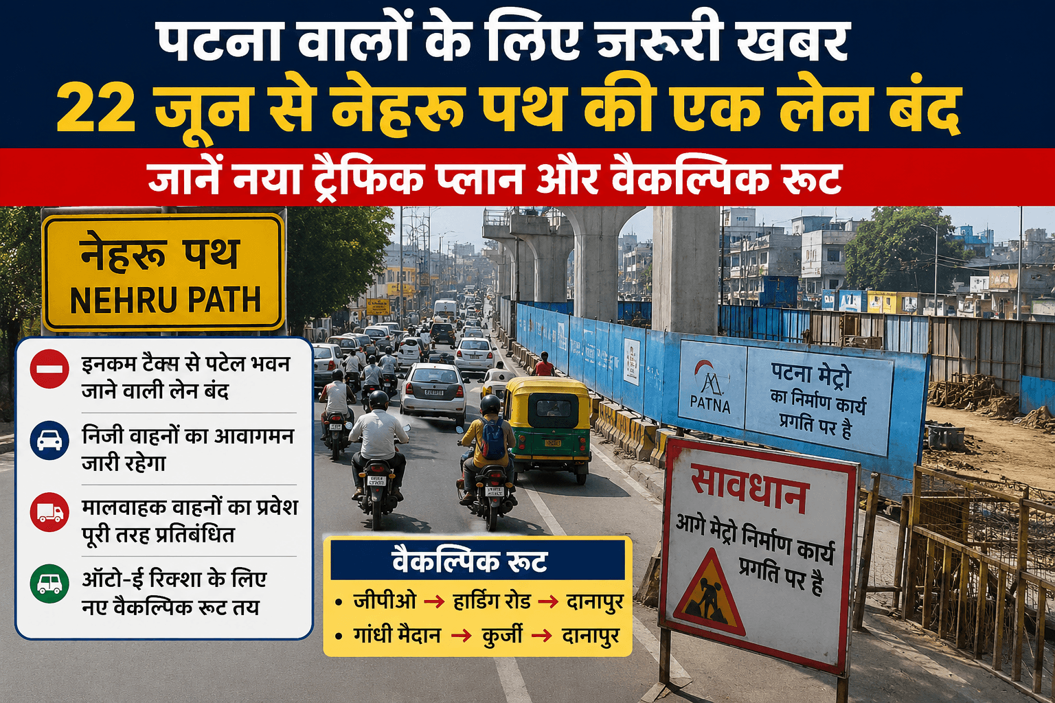 Bihar News : पटना वालों के लिए बड़ी खबर! 22 जून से नेहरू पथ की एक लेन बंद, घर से निकलने से पहले जान लें नया ट्रैफिक प्लान